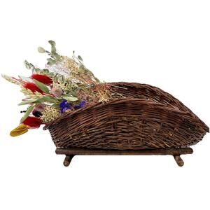 Large Rustic Wicker Harvest Basket Wood Base Fire Log Holder Blanket Storage